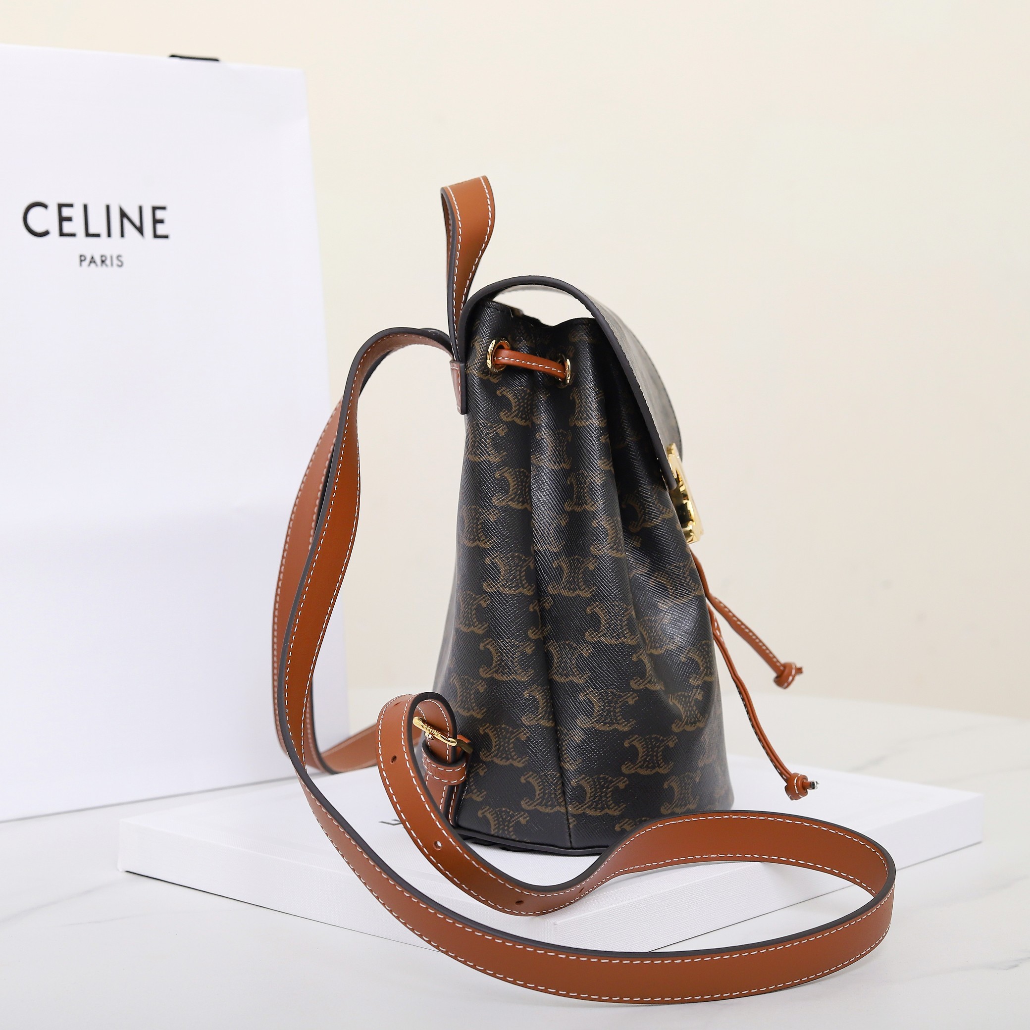 Ce**e bonnie backpack in triomphe canvas and calfskin 118702 25x18x13cm