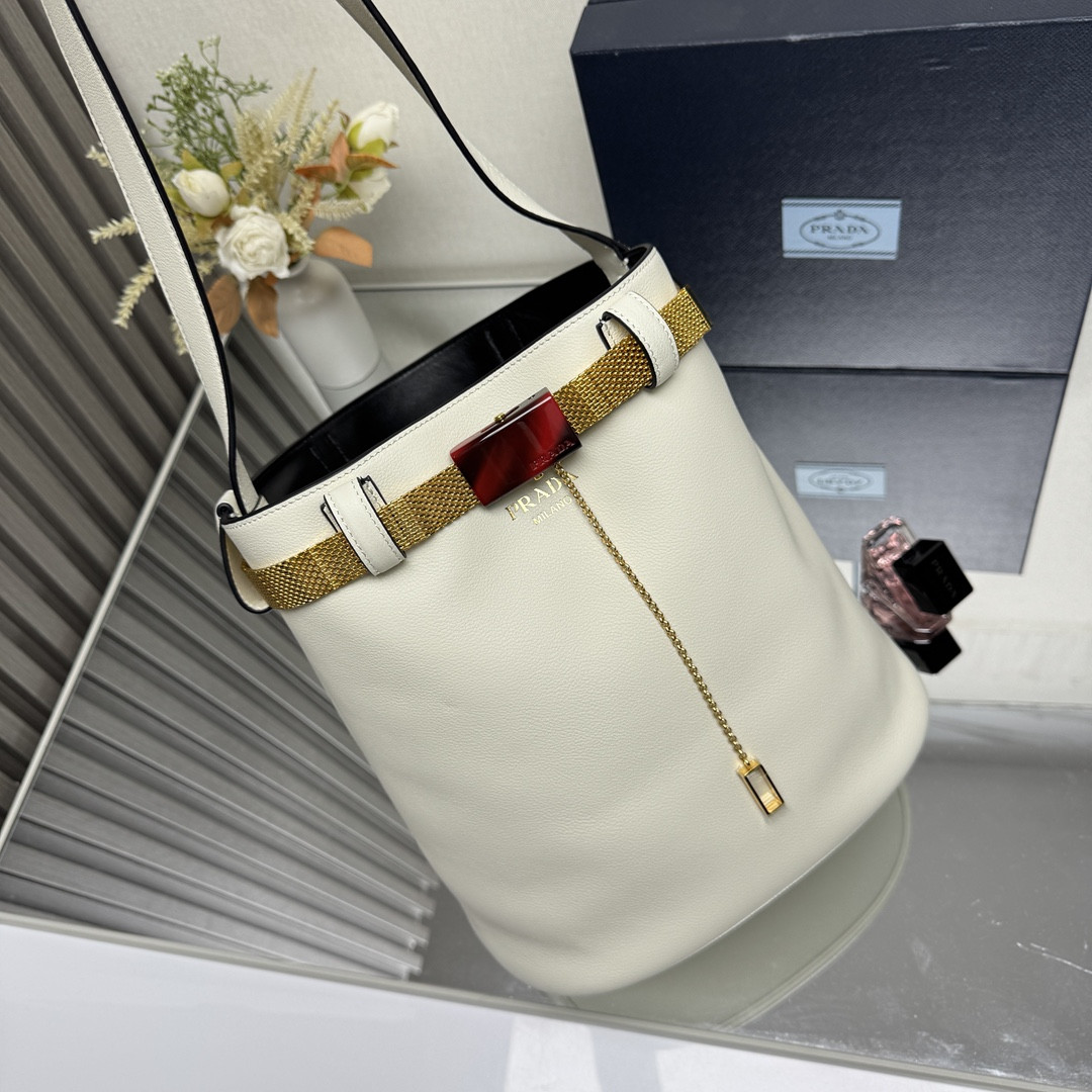 Pra*a buckle leather bucket bag with jeweled belt 29x26.5x18cm